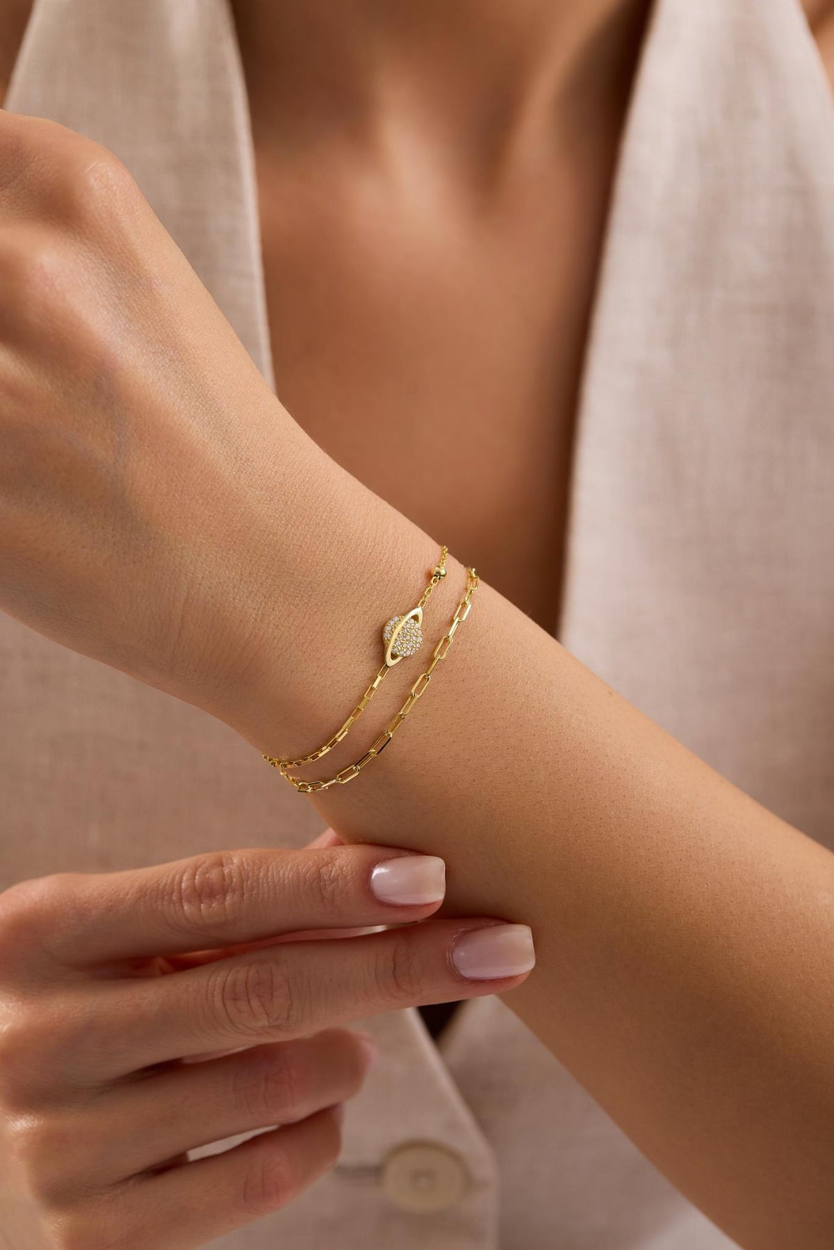Planet Bracelet, 925 Sterling Silver Bracelet, 14K Gold Plated Double Chain Jewelry