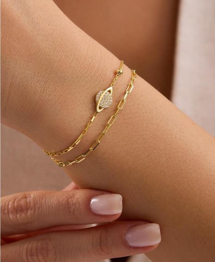 Planet Bracelet, 925 Sterling Silver Bracelet, 14K Gold Plated Double Chain Jewelry