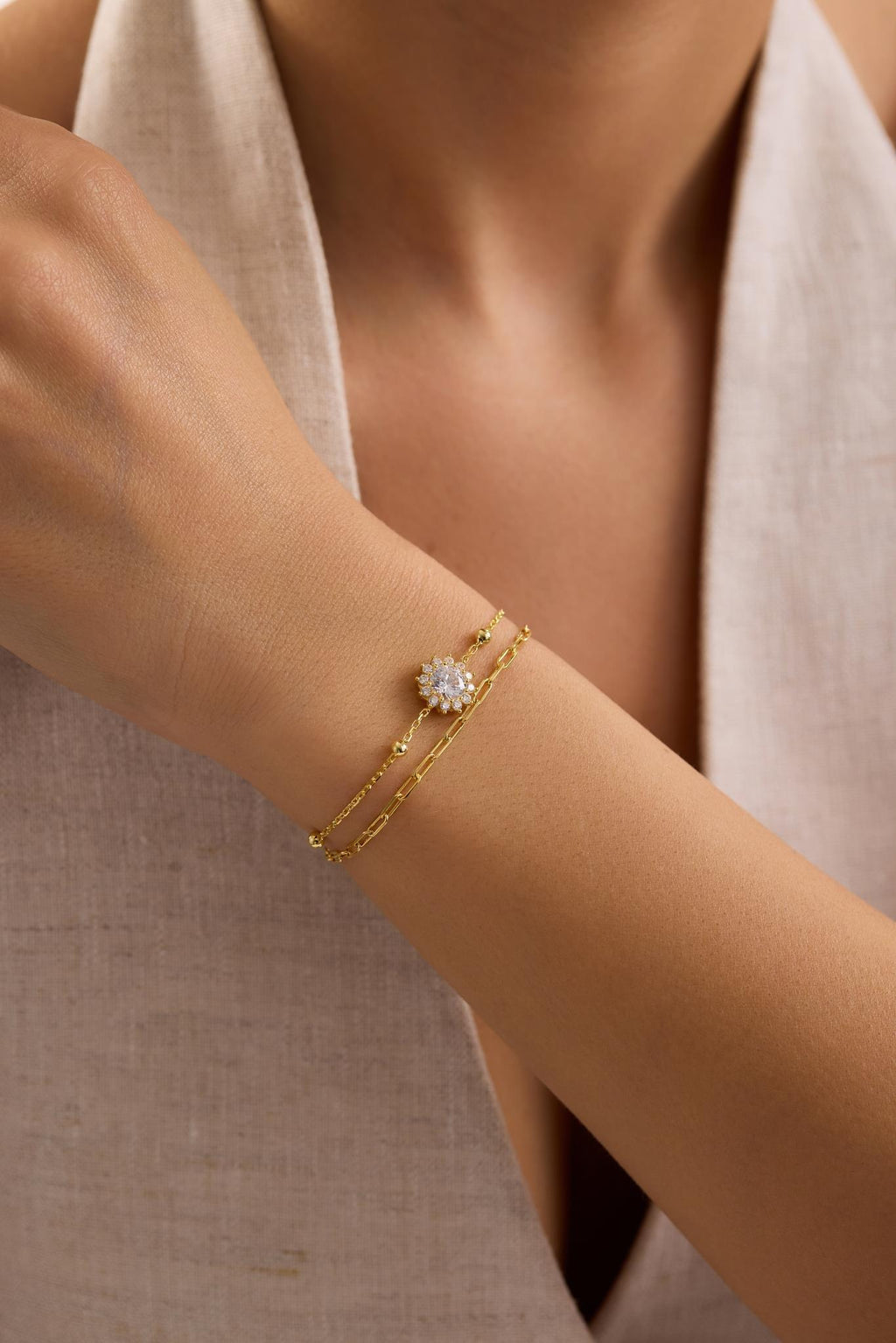 Halo Solitaire Bracelet, 925 Sterling Silver Bracelet, 14K Gold Plated Double Chain