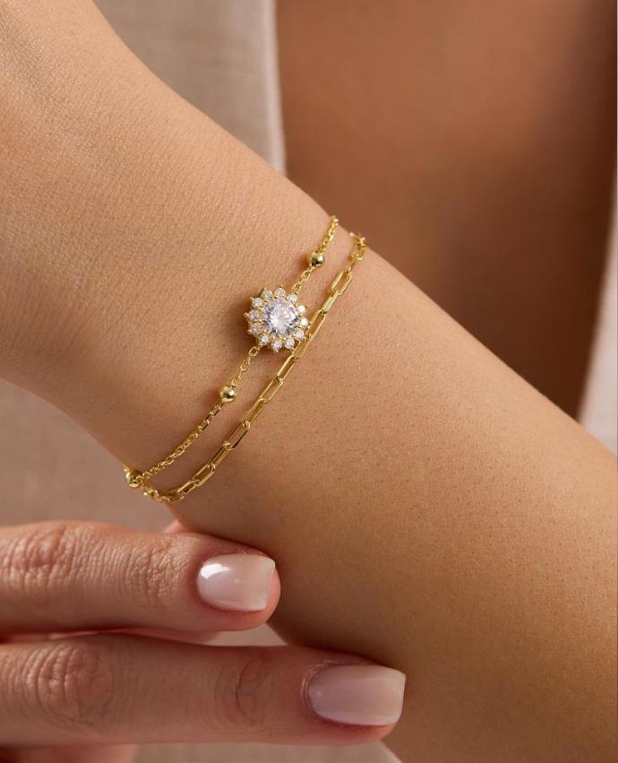 Halo Solitaire Bracelet, 925 Sterling Silver Bracelet, 14K Gold Plated Double Chain