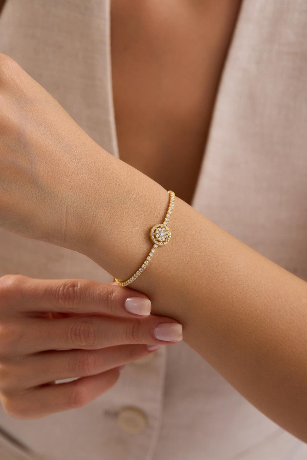 Adjustable Gold Plated Tennis Bracelet, 925 Sterling Silver Zircon Bolo Bracelet