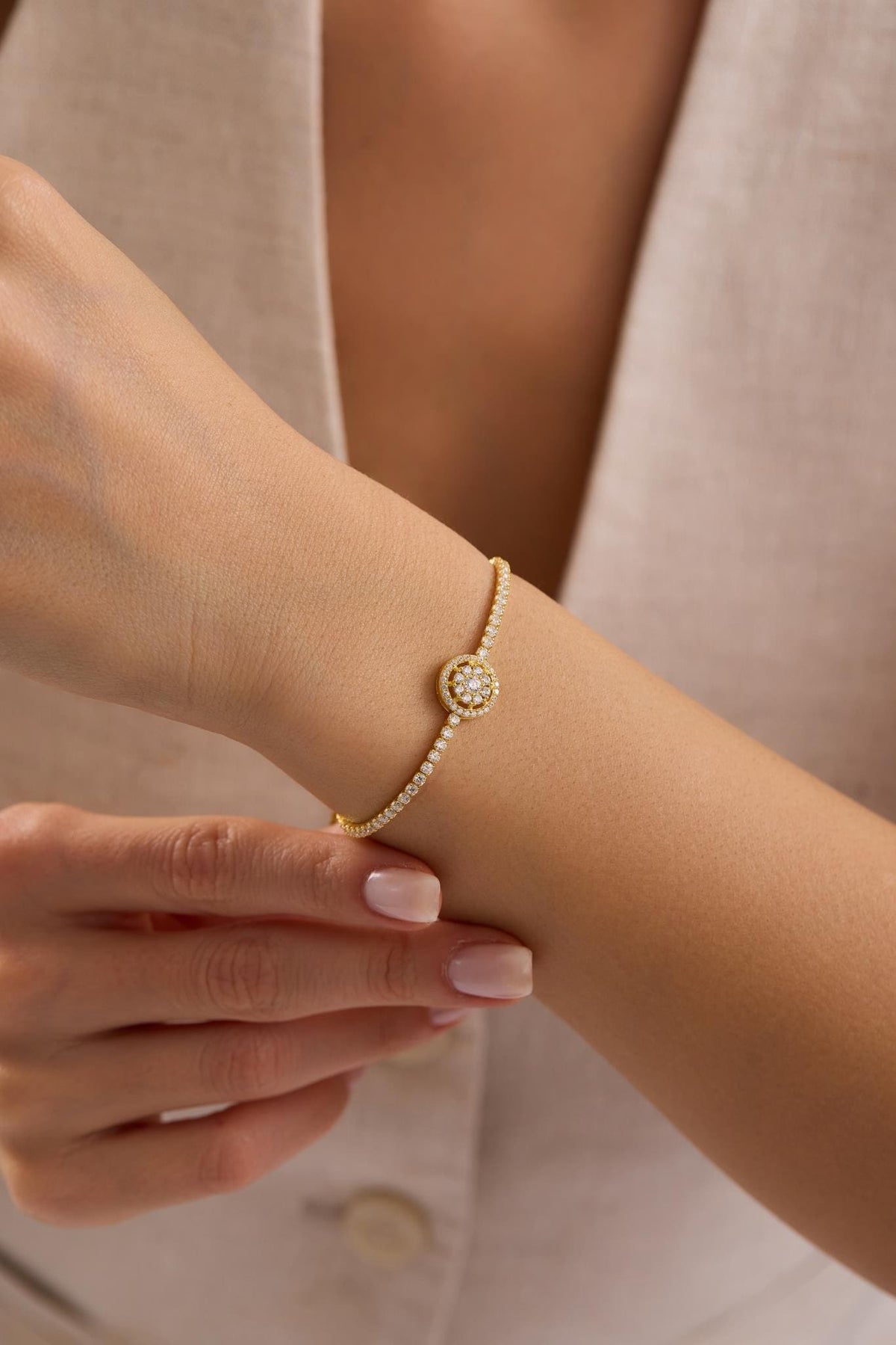 Adjustable Gold Plated Tennis Bracelet, 925 Sterling Silver Zircon Bolo Bracelet
