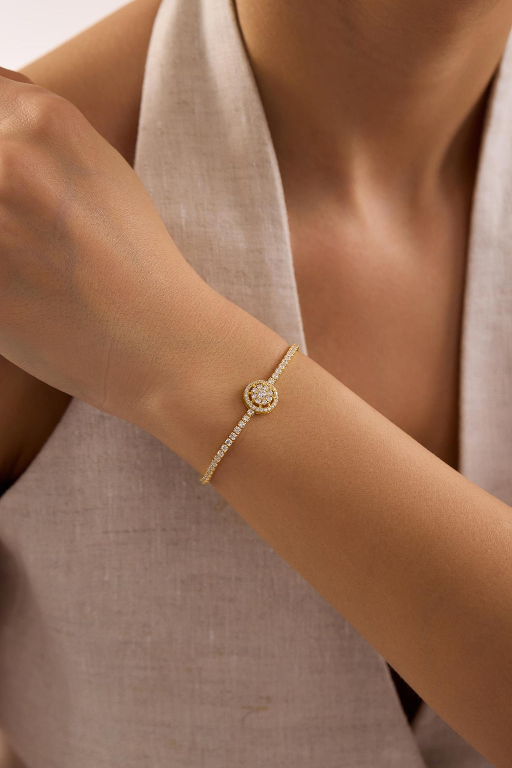 Adjustable Gold Plated Tennis Bracelet, 925 Sterling Silver Zircon Bolo Bracelet