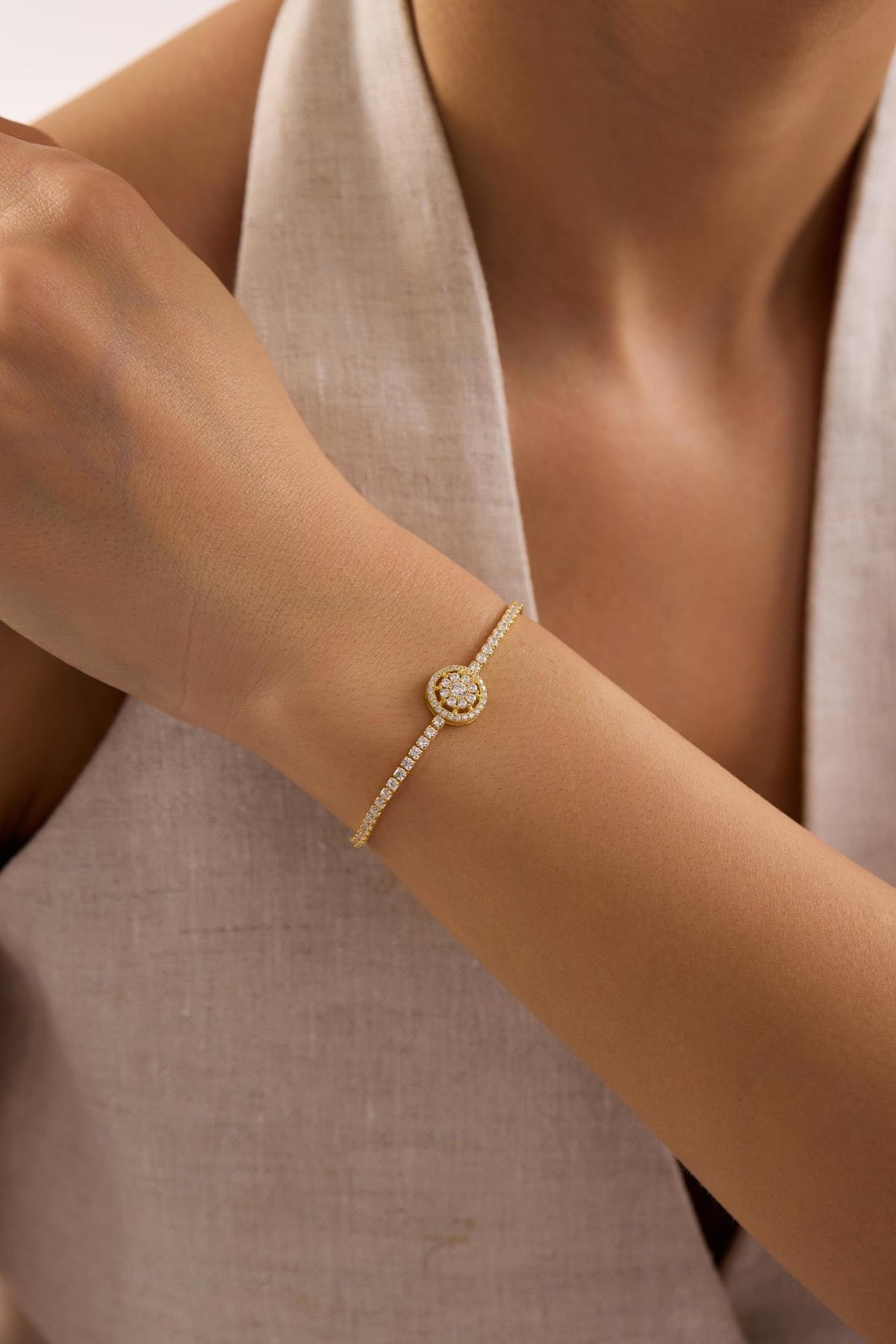 Adjustable Gold Plated Tennis Bracelet, 925 Sterling Silver Zircon Bolo Bracelet