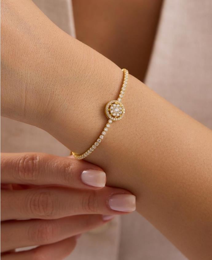 Adjustable Gold Plated Tennis Bracelet, 925 Sterling Silver Zircon Bolo Bracelet