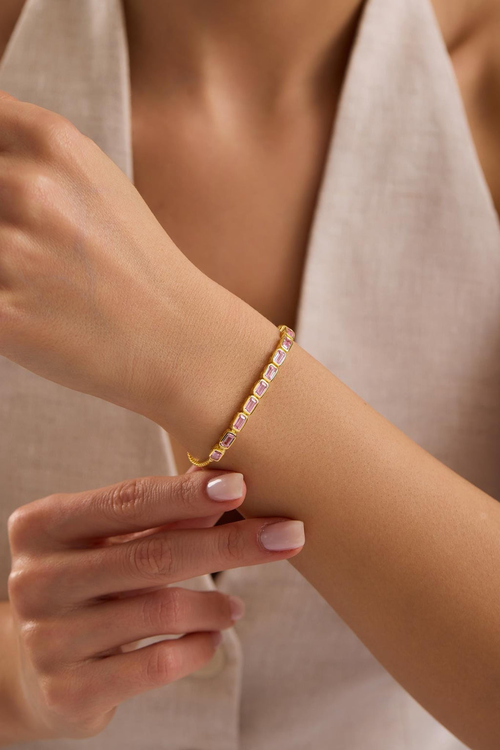 Adjustable Pink Baguette Bracelet | 925 Sterling Silver | 14K Gold Plated