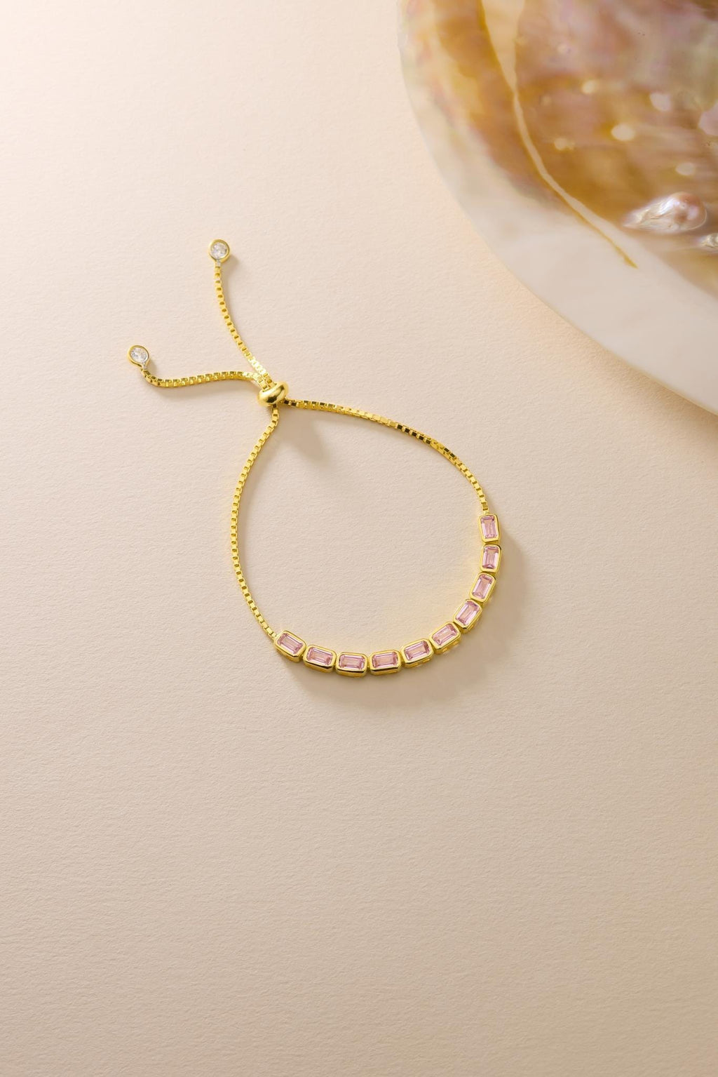 Adjustable Pink Baguette Bracelet | 925 Sterling Silver | 14K Gold Plated