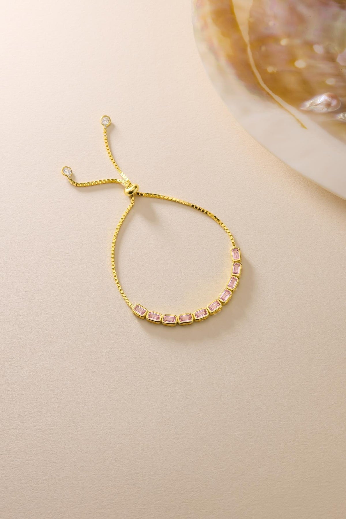 Adjustable Pink Baguette Bracelet | 925 Sterling Silver | 14K Gold Plated