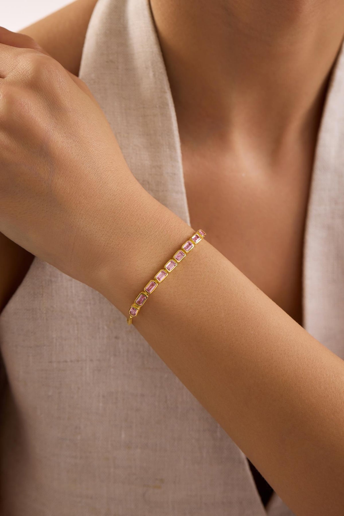 Adjustable Pink Baguette Bracelet | 925 Sterling Silver | 14K Gold Plated