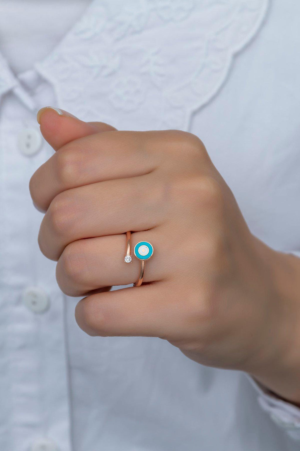 Evil Eye Ring Adjustable | 925 Sterling Silver 14K Rose Gold Plated Dainty Zircon Ring
