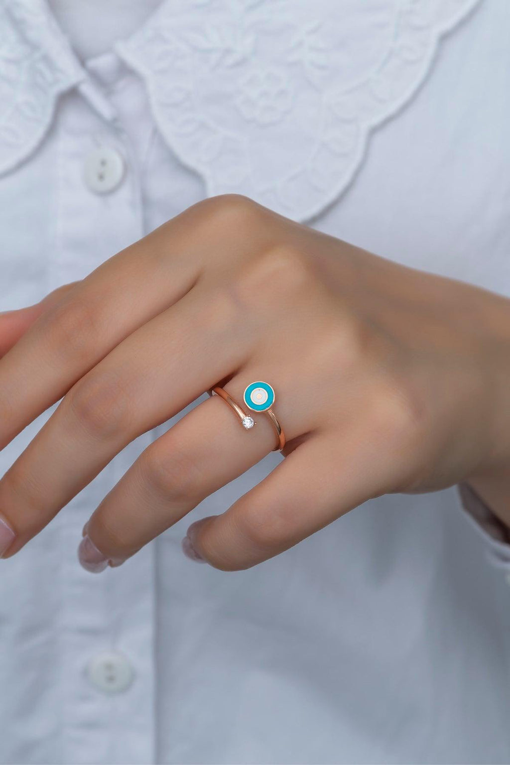 Evil Eye Ring Adjustable | 925 Sterling Silver 14K Rose Gold Plated Dainty Zircon Ring