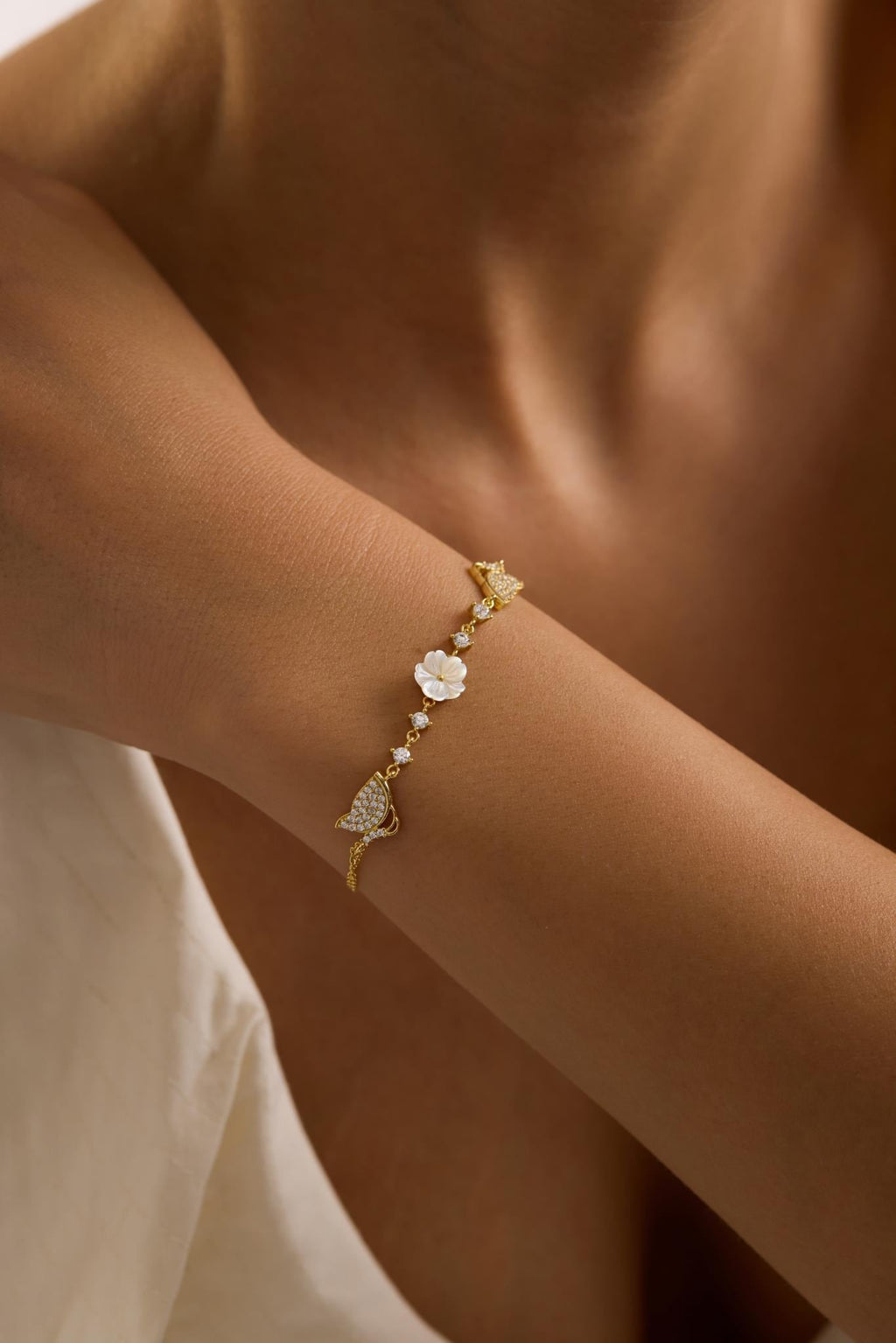 925 Sterling Silver 14K Gold Plated Bracelet | Butterfly Flower Gift for Her