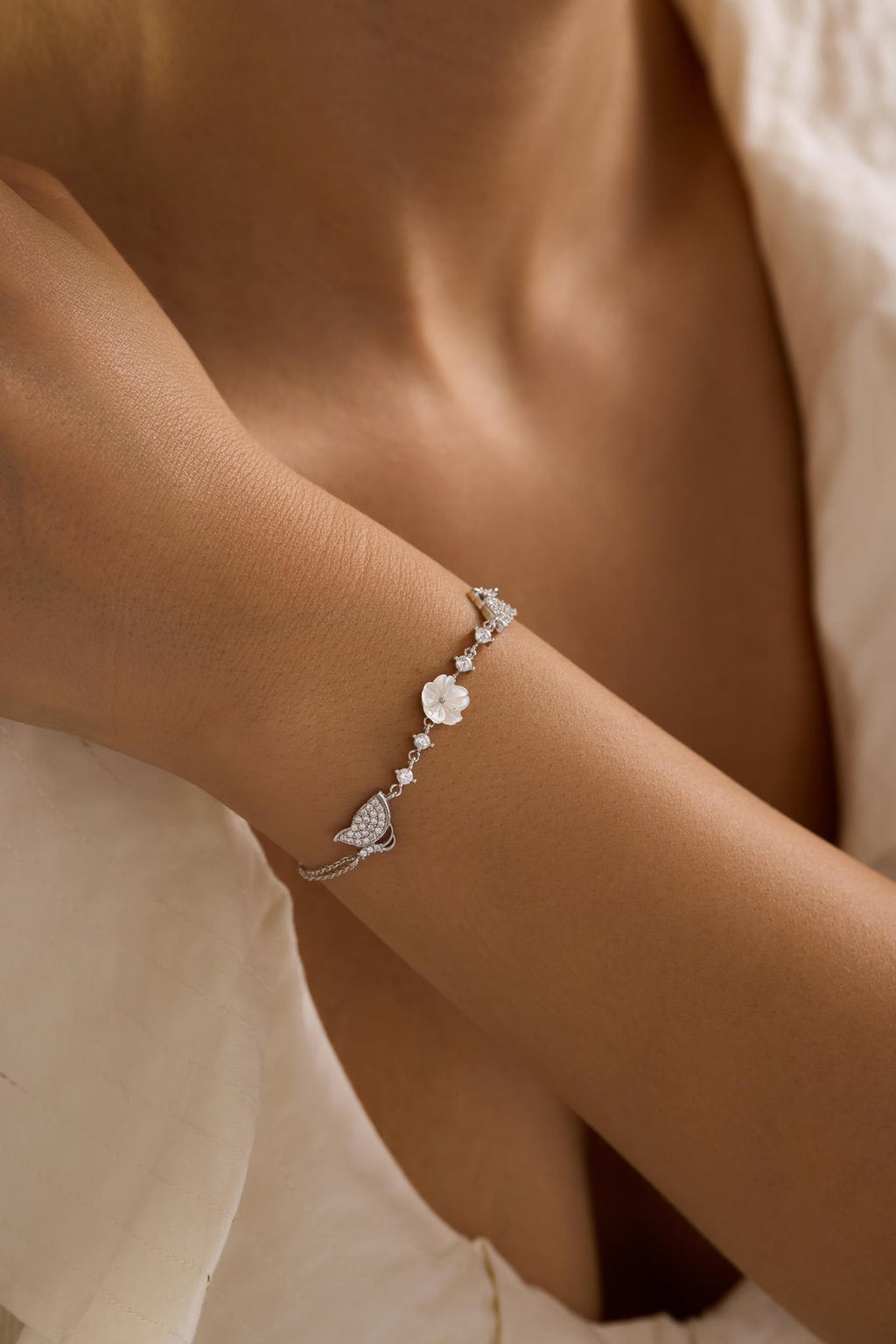 925 Sterling Silver Rhodium Plated Bracelet | Double Butterfly Flower Gift for Her