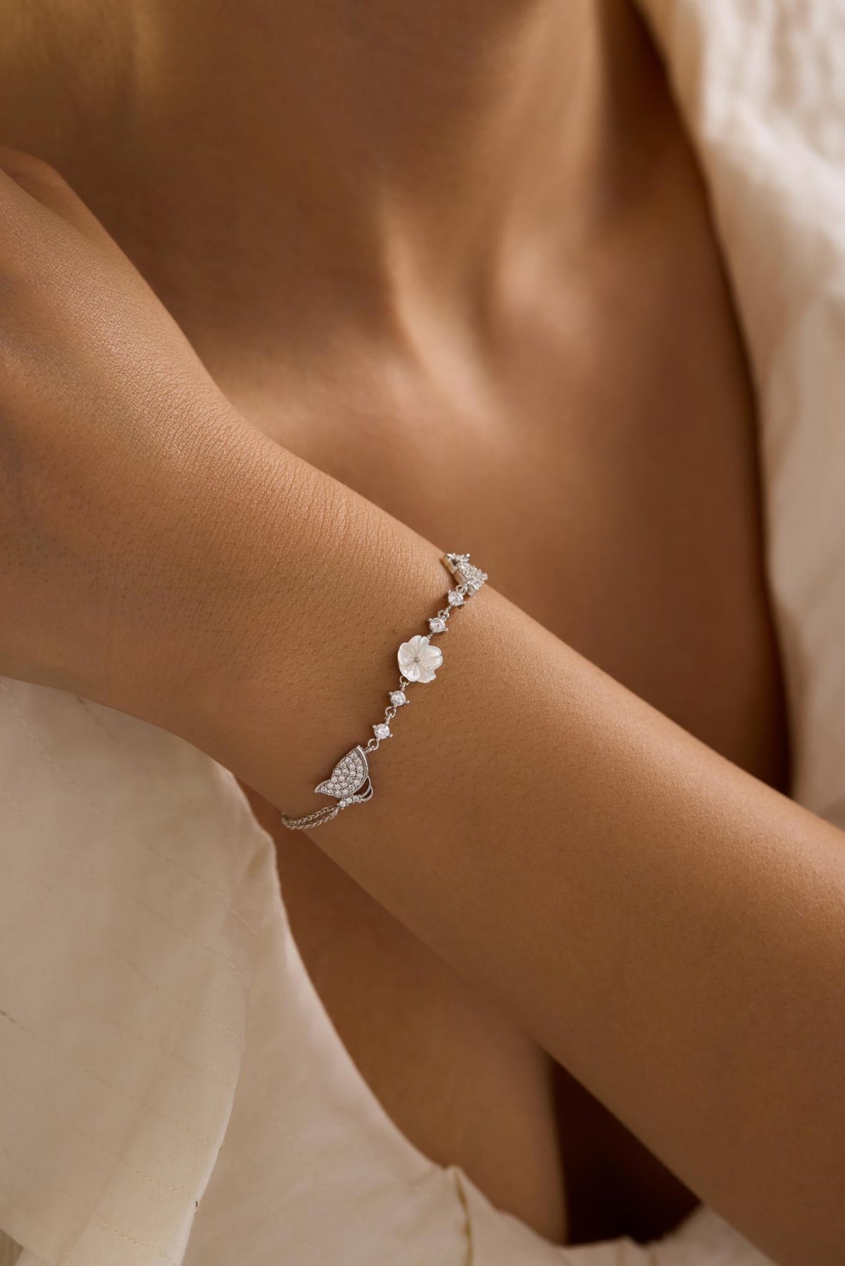 925 Sterling Silver Rhodium Plated Bracelet | Double Butterfly Flower Gift for Her