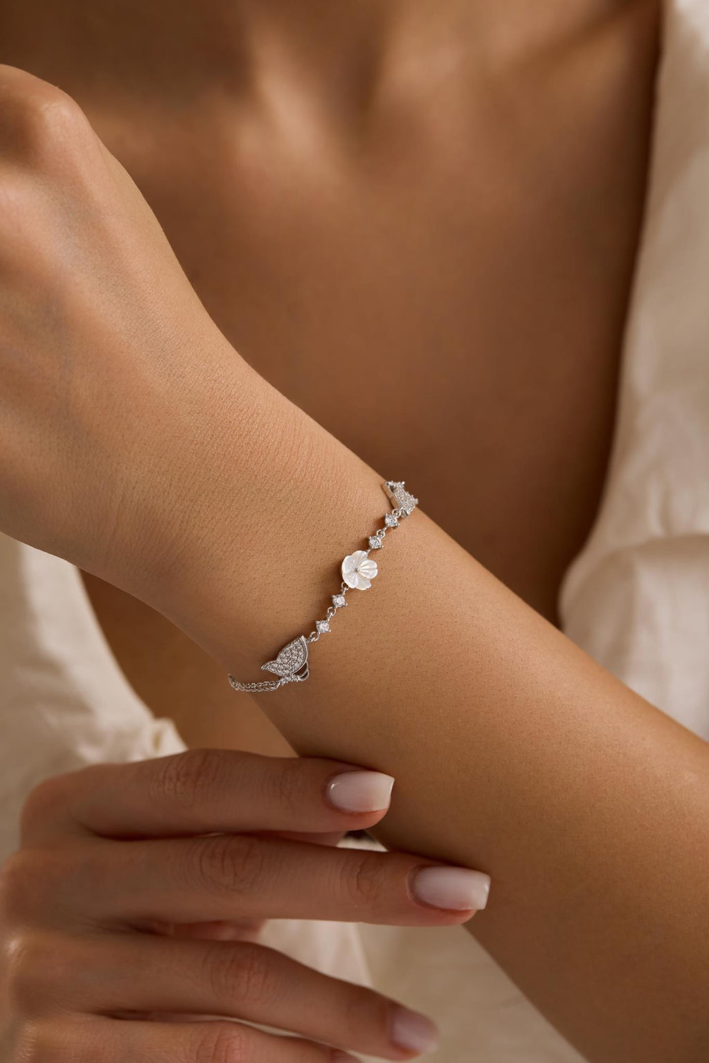 925 Sterling Silver Rhodium Plated Bracelet | Double Butterfly Flower Gift for Her