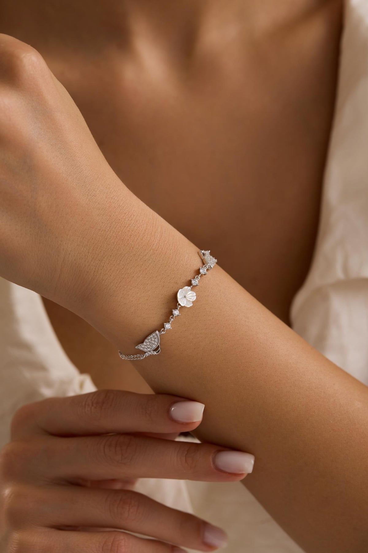 925 Sterling Silver Rhodium Plated Bracelet | Double Butterfly Flower Gift for Her