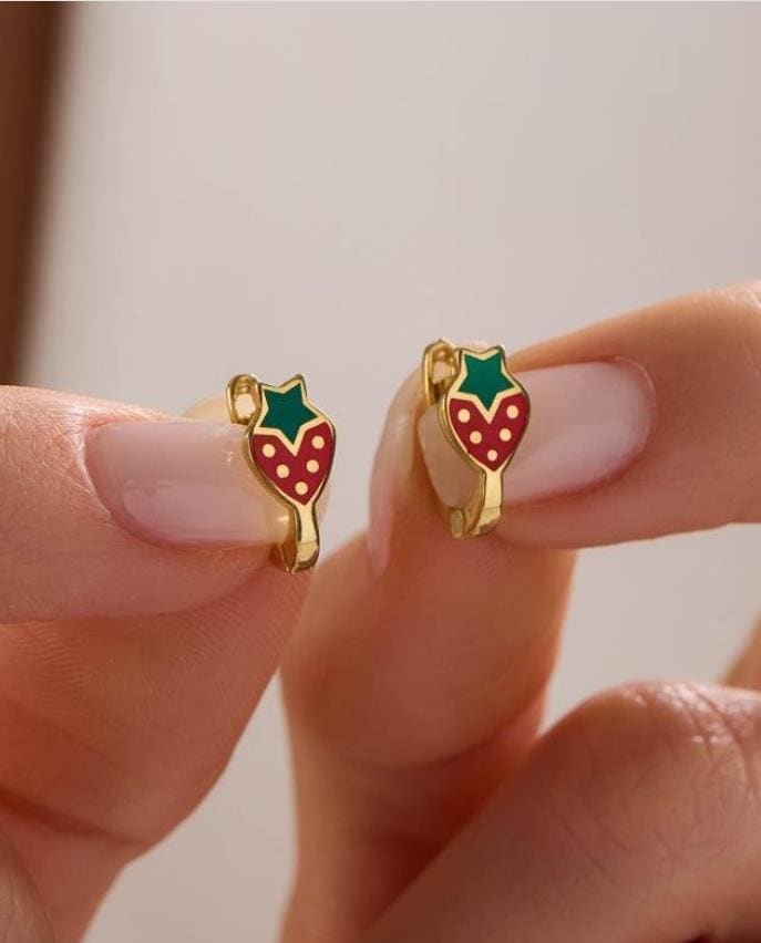 Strawberry Earrings | 925 Sterling Silver Enamel Kids Huggie Hoop Earrings