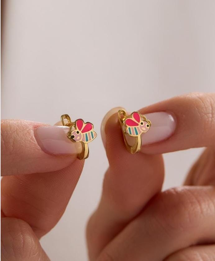 Bee Kids Earrings | 925 Sterling Silver 14K Gold Plated Enamel Animal Hoops | Children Jewelry