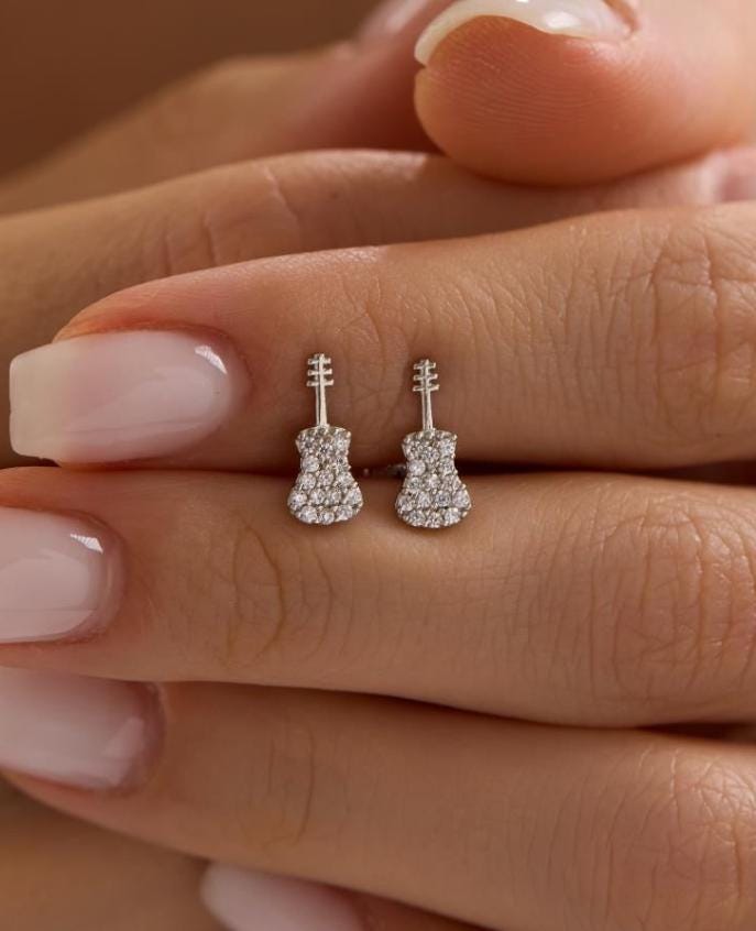 Guitar Earrings | 925 Sterling Silver Rhodium Plated Zircon Music Studs | Music Lover Jewelry