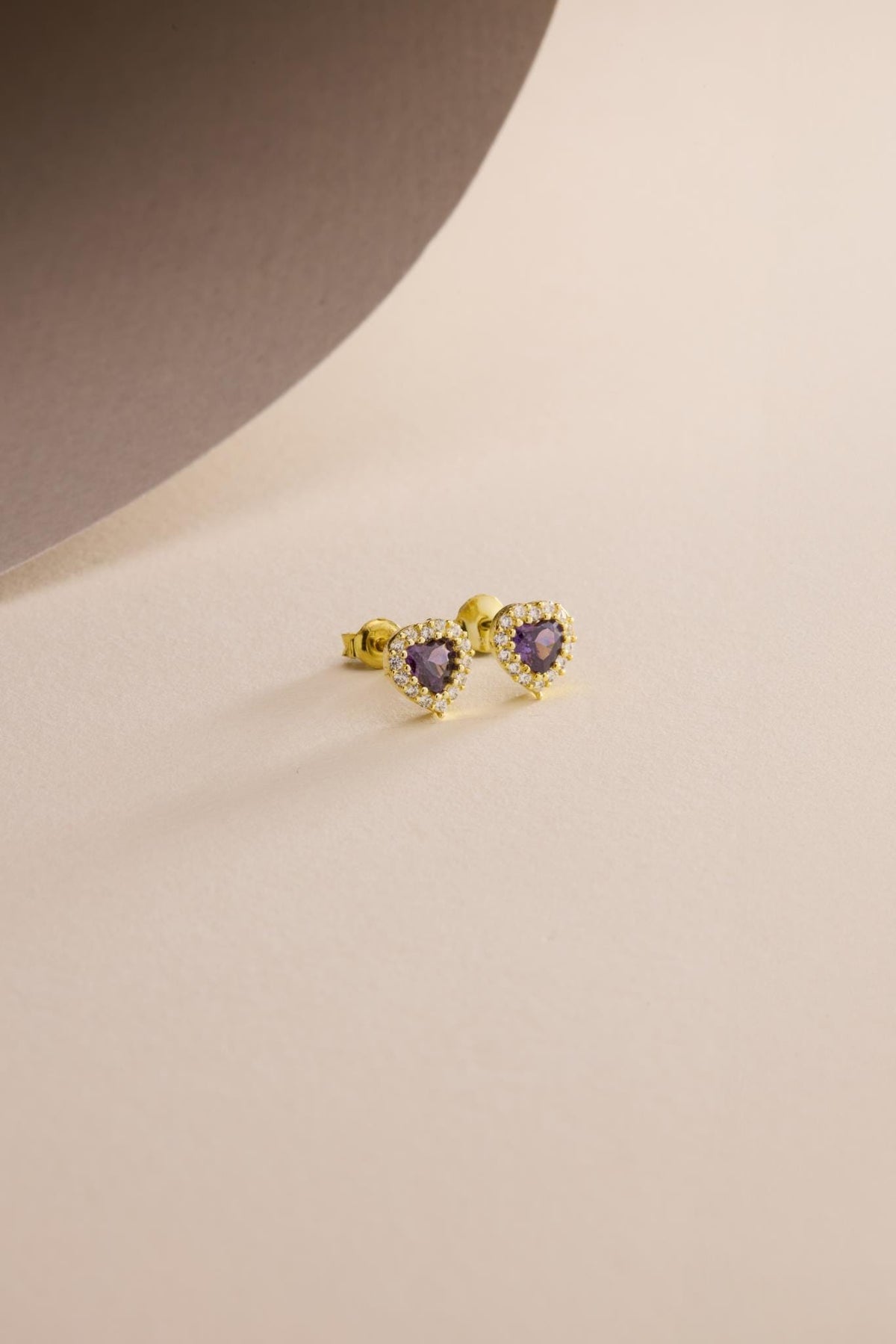 Purple Heart Earrings | 925 Sterling Silver 14K Gold Plated Zircon Studs | Dainty Romantic Jewelry