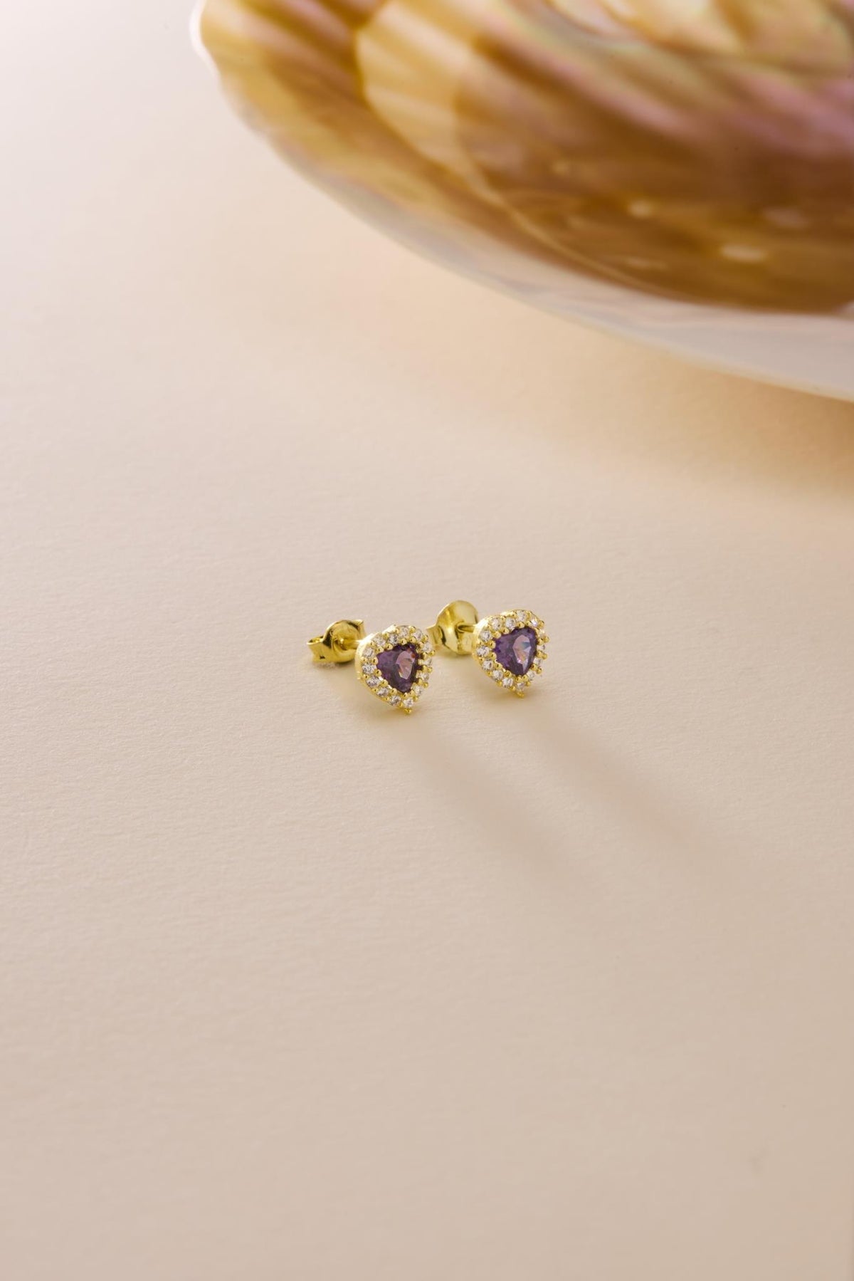 Purple Heart Earrings | 925 Sterling Silver 14K Gold Plated Zircon Studs | Dainty Romantic Jewelry