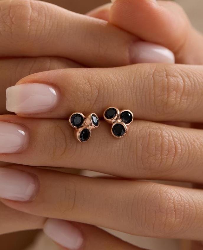 Black Stone Cluster Earrings | 925 Sterling Silver Rose Gold Plated Zircon Studs | Dainty Jewelry