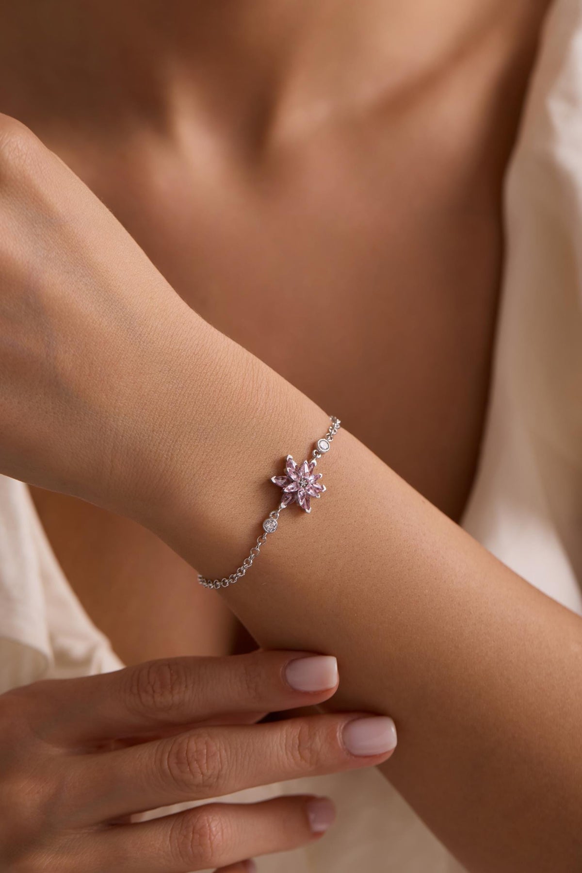 Lotus Flower Bracelet | 925 Sterling Silver Rhodium Plated | Adjustable Zircon Jewelry
