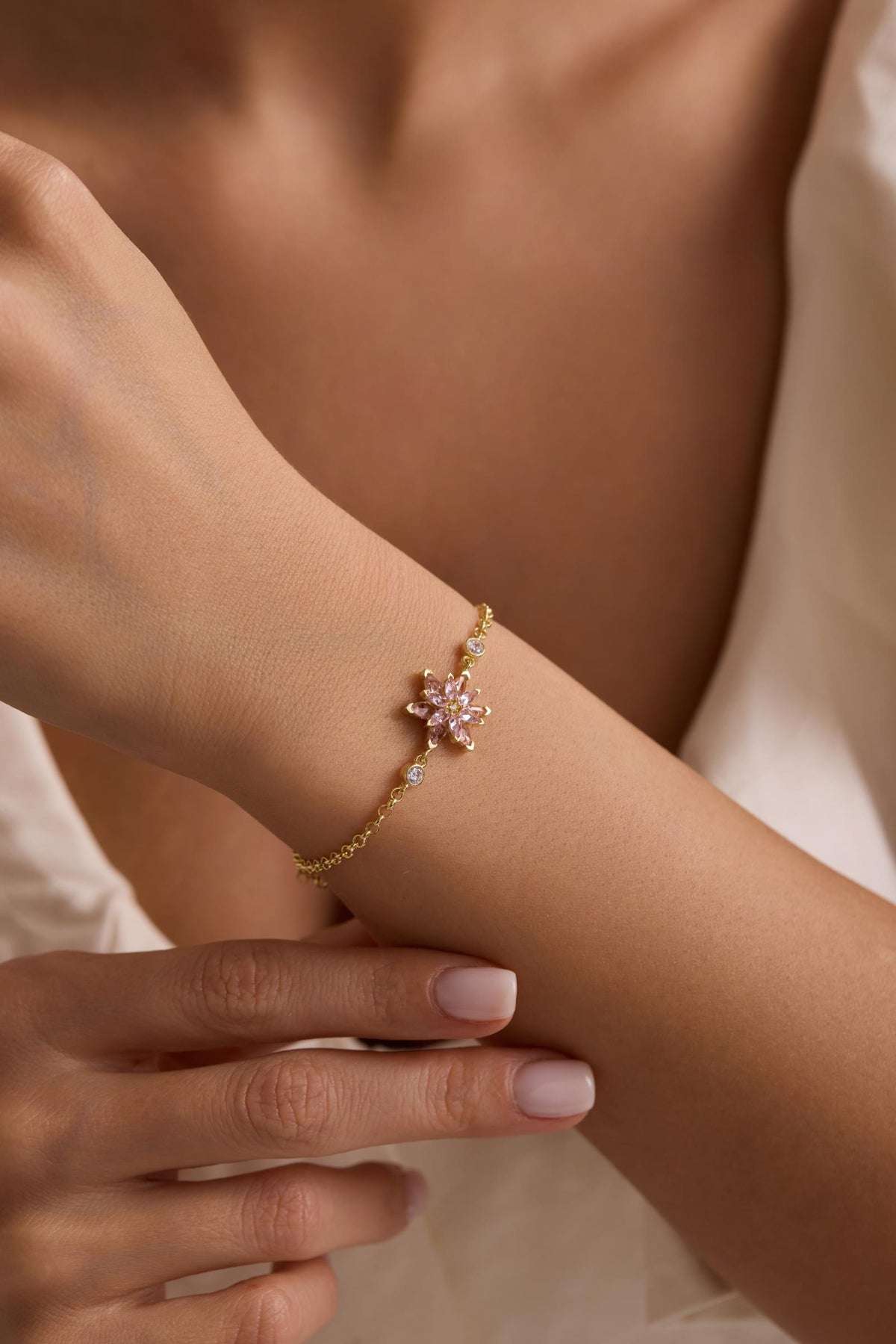 Lotus Flower Bracelet | 925 Sterling Silver 14K Gold Plated | Adjustable Pink Zircon