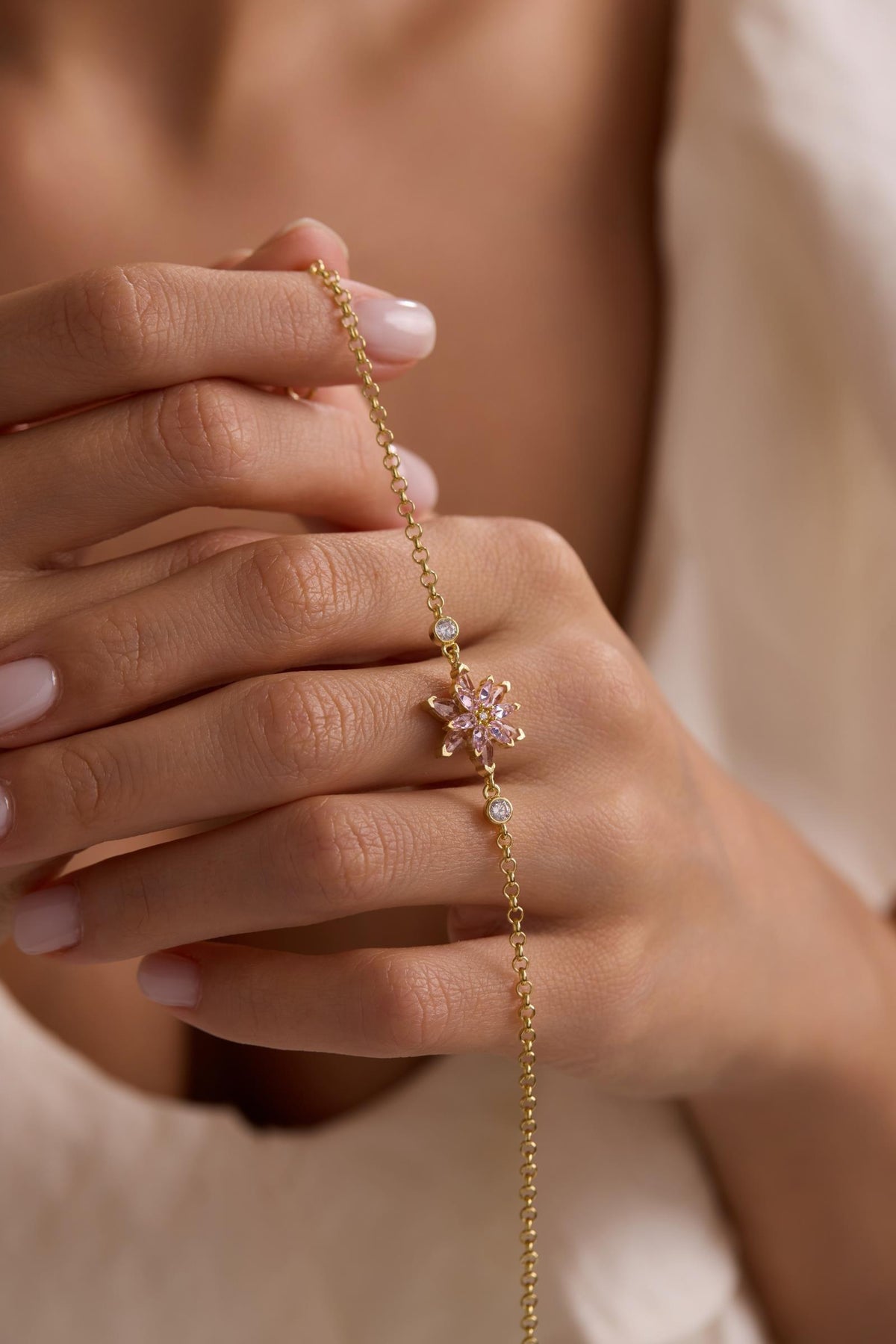 Lotus Flower Bracelet | 925 Sterling Silver 14K Gold Plated | Adjustable Pink Zircon