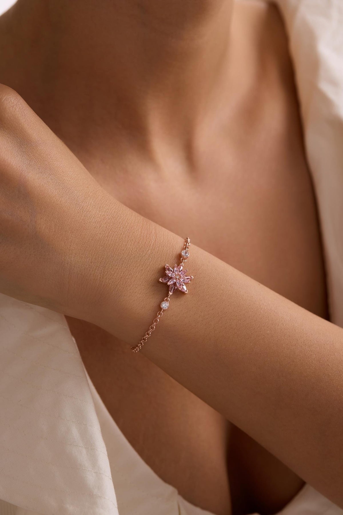 Lotus Flower Bracelet | 925 Sterling Silver 14K Rose Gold Plated | Pink Zircon