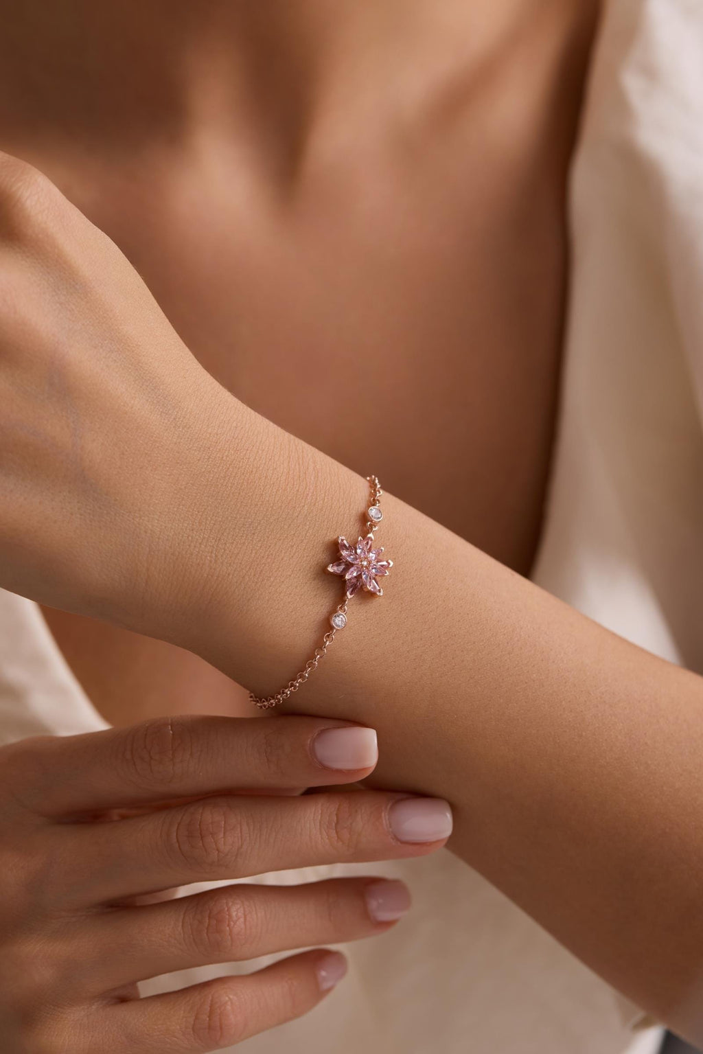 Lotus Flower Bracelet | 925 Sterling Silver 14K Rose Gold Plated | Pink Zircon