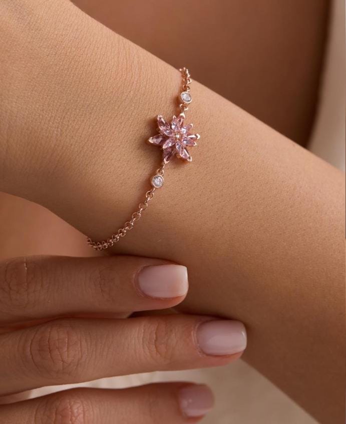 Lotus Flower Bracelet | 925 Sterling Silver 14K Rose Gold Plated | Pink Zircon