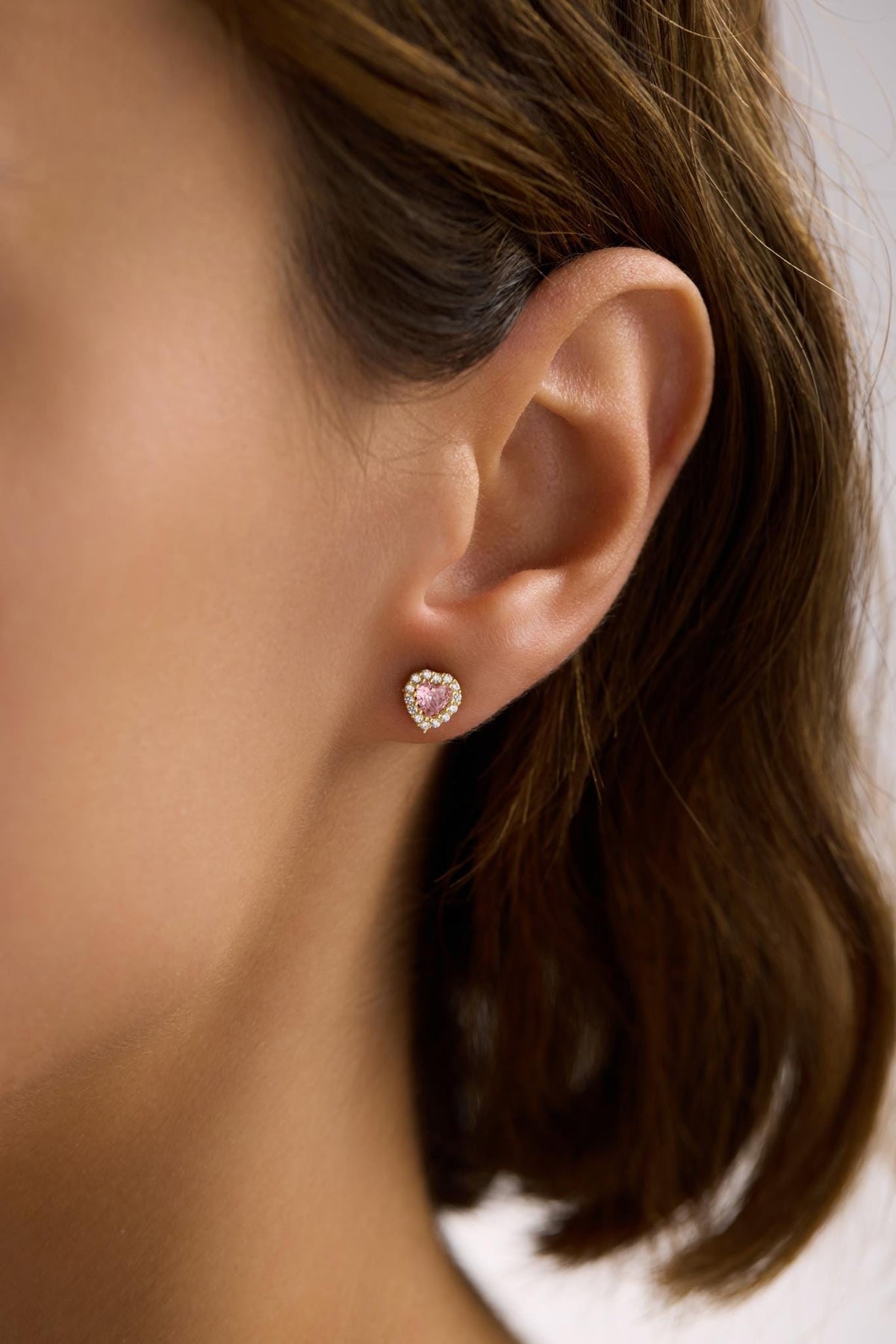 Pink Heart Earrings | 925 Sterling Silver 14K Gold Plated Zircon Studs | Romantic Dainty Jewelry