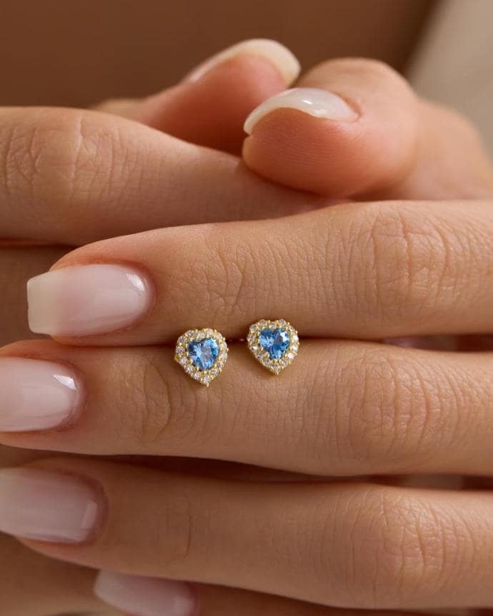 Aquamarine Heart Earrings | 925 Sterling Silver 14K Gold Plated Zircon Studs | Dainty Jewelry
