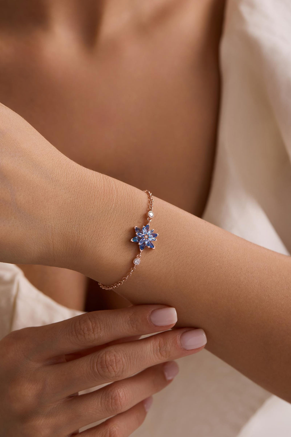 Lotus Flower Bracelet | 925 Sterling Silver 14K Rose Gold Plated | Aquamarine Stone