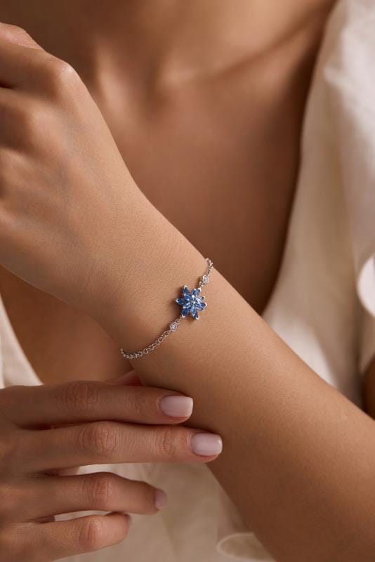 Lotus Flower Bracelet | 925 Sterling Silver Rhodium Plated | Aquamarine Stone