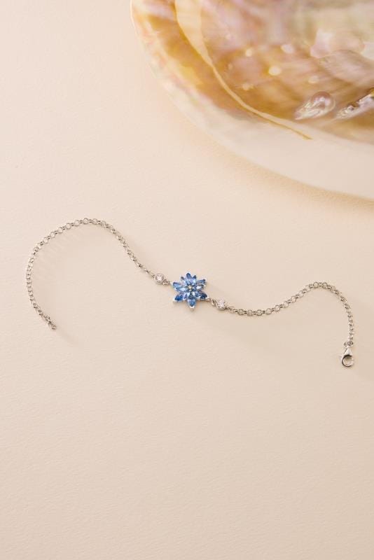 Lotus Flower Bracelet | 925 Sterling Silver Rhodium Plated | Aquamarine Stone