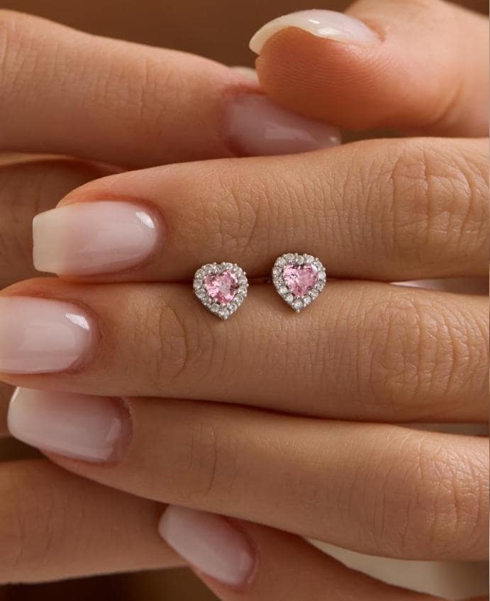 Pink Heart Earrings | 925 Sterling Silver Rhodium Plated Zircon Studs | Romantic Dainty Jewelry