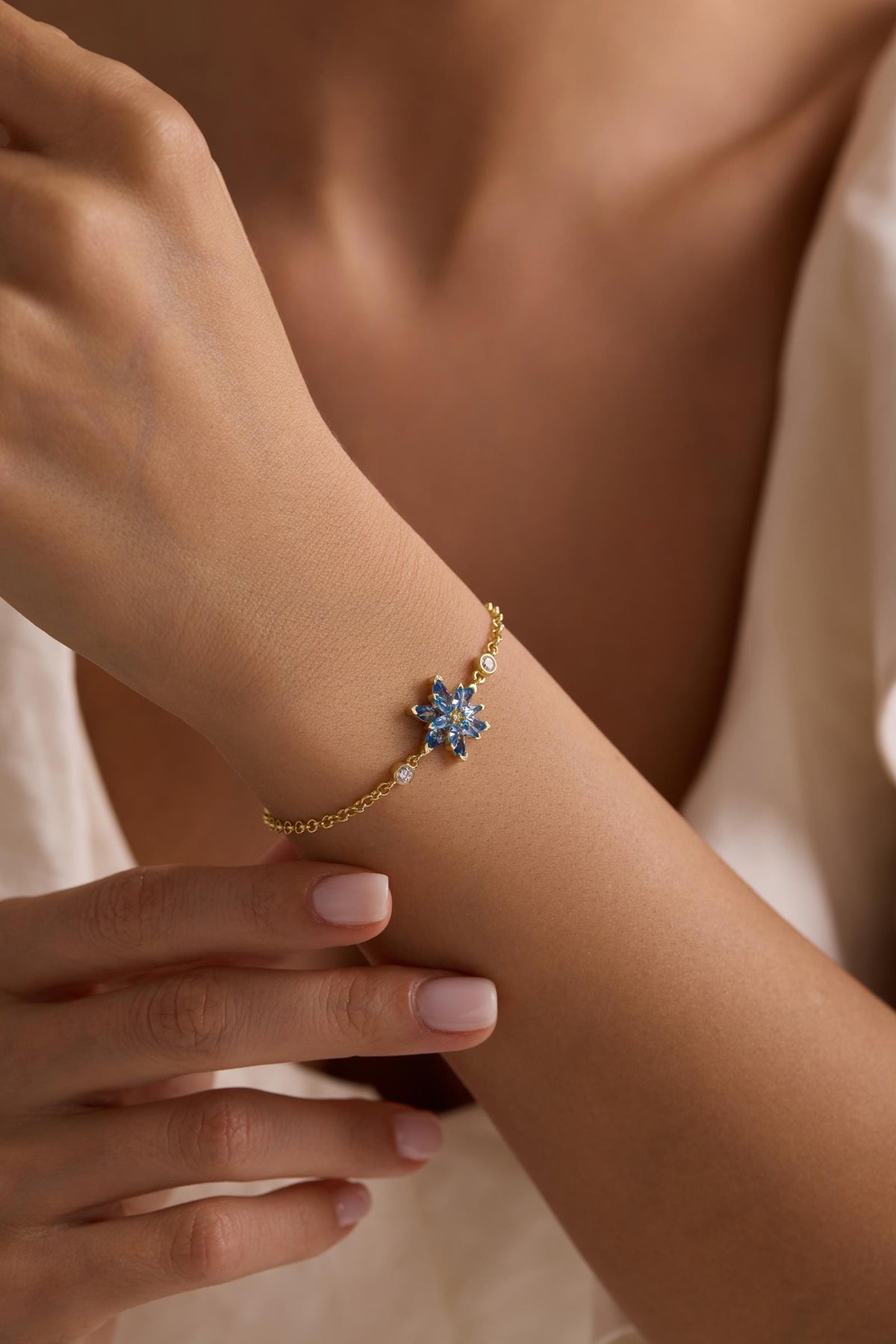 Lotus Flower Bracelet | 925 Sterling Silver 14K Gold Plated | Aquamarine Stone