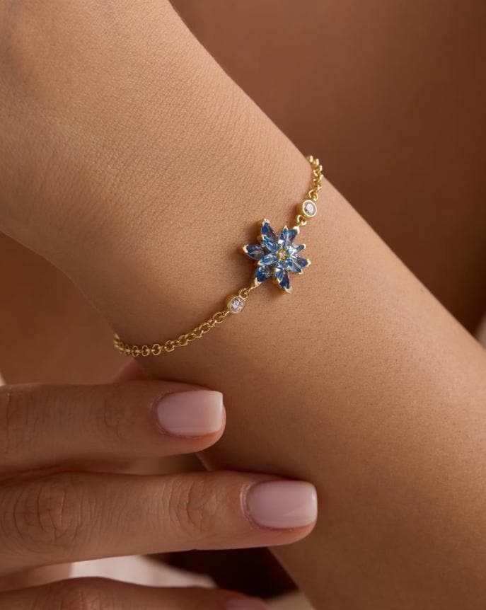 Lotus Flower Bracelet | 925 Sterling Silver 14K Gold Plated | Aquamarine Stone