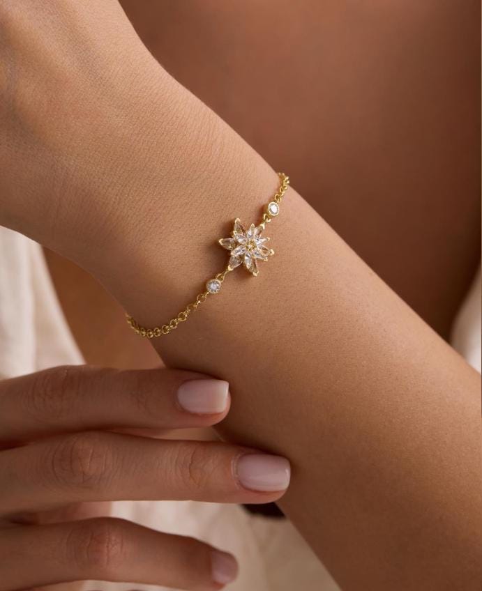 Lotus Flower Bracelet | 925 Sterling Silver 14K Gold Plated | White Zircon