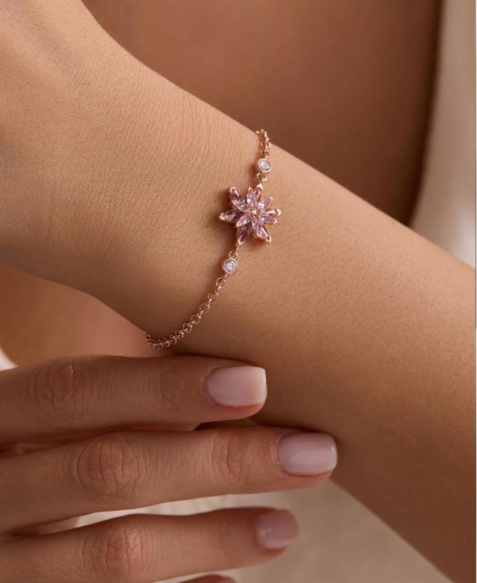 Lotus Flower Bracelet | 925 Sterling Silver Rose Gold | Pink Zircon Floral | Gift for Her