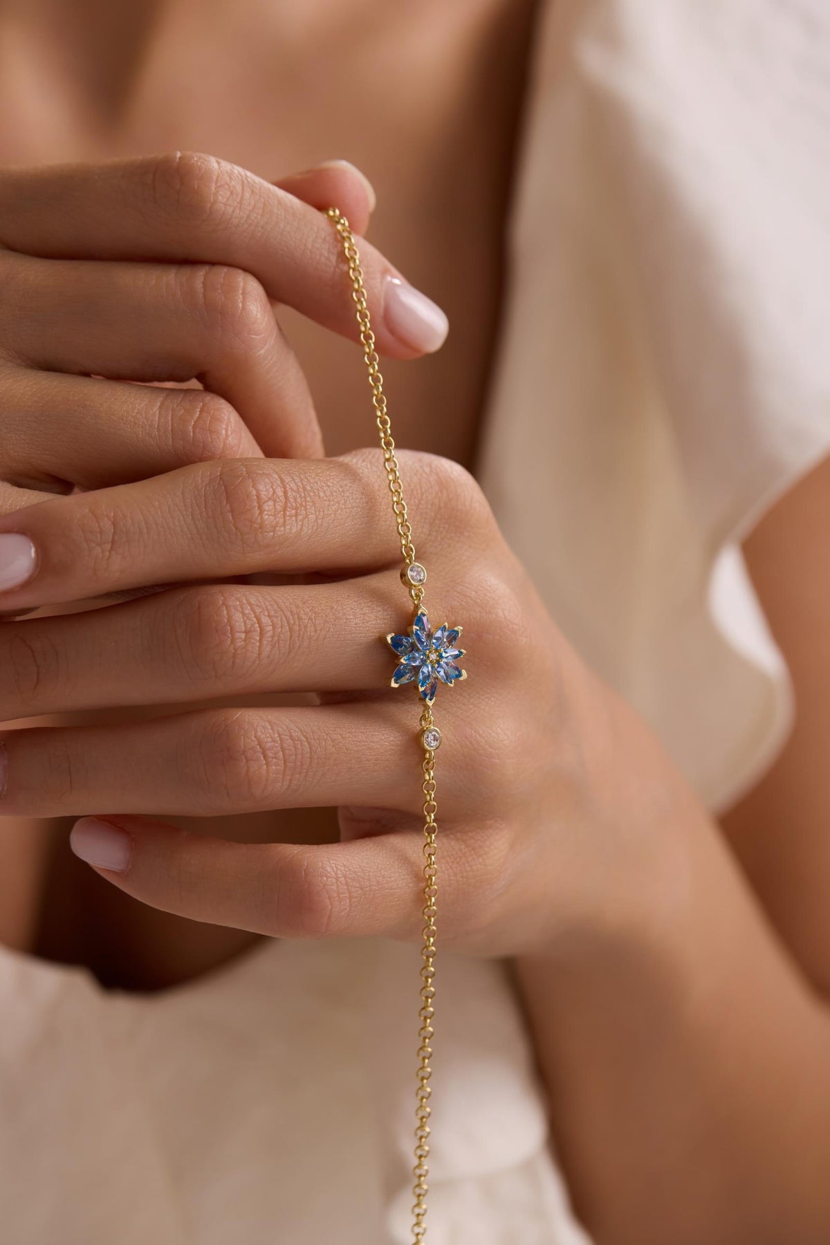 Lotus Flower Bracelet | 925 Sterling Silver 14K Gold Plated | Aquamarine Zircon Floral | Gift
