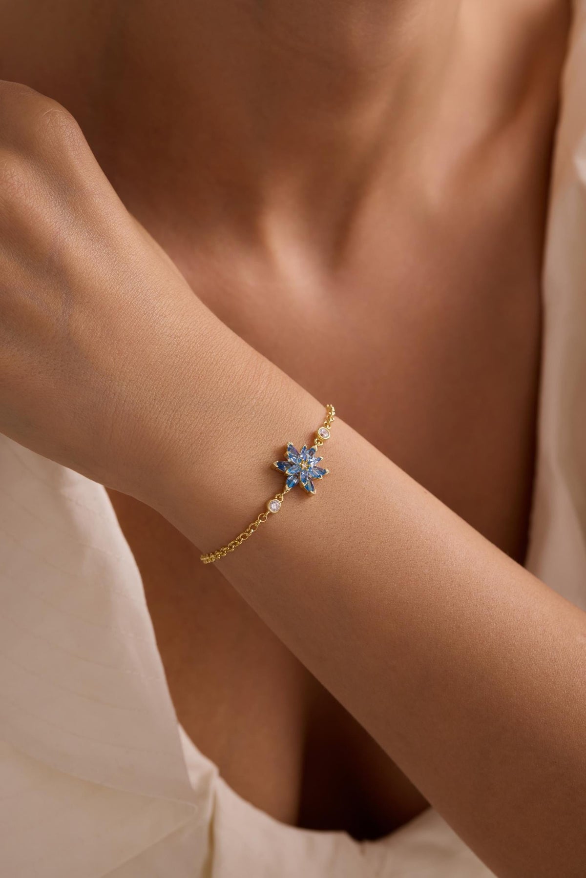 Lotus Flower Bracelet | 925 Sterling Silver 14K Gold Plated | Aquamarine Zircon Floral | Gift