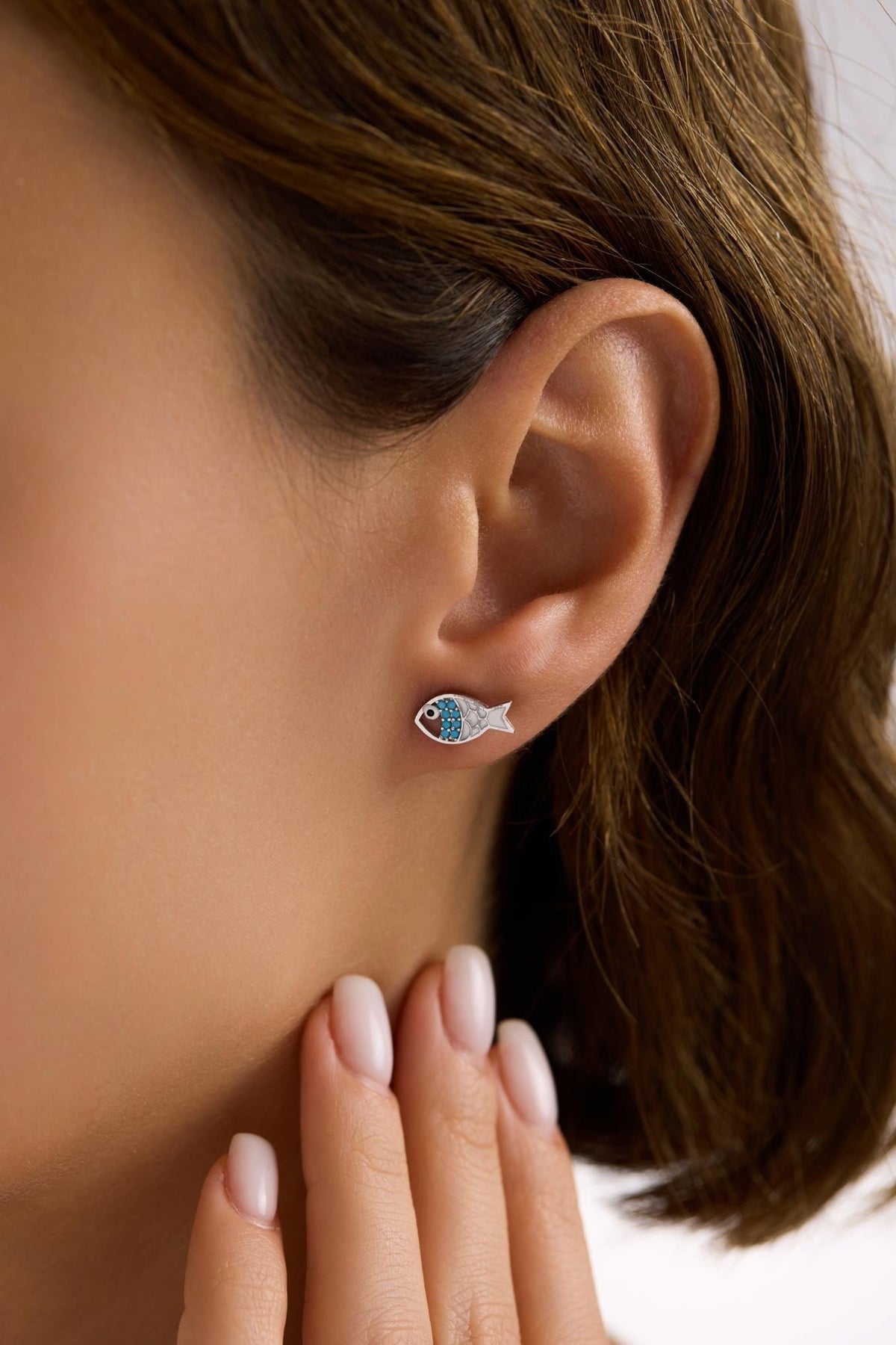 Fish Stud Earrings | 925 Sterling Silver Rhodium Plated Turquoise Enamel Fish | Ocean Jewelry