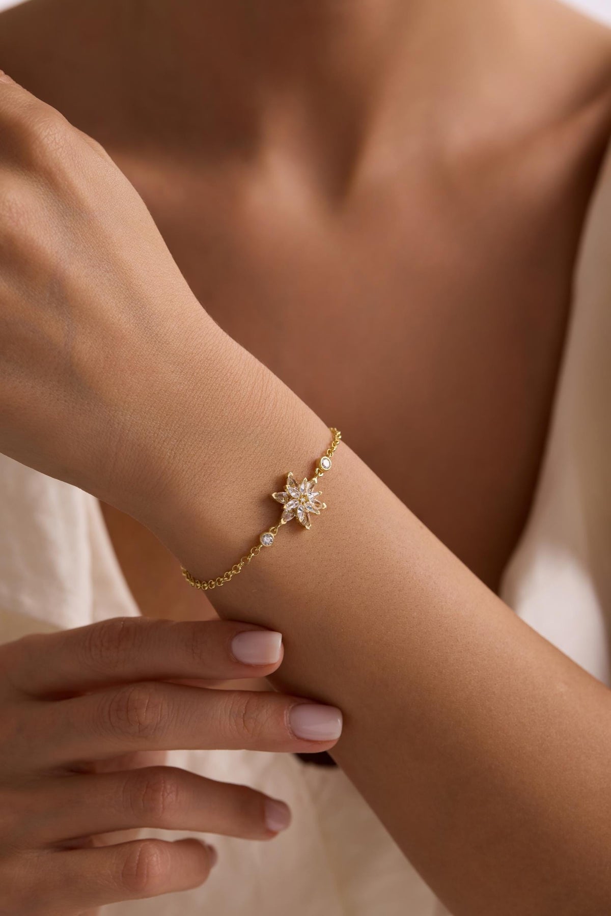 Lotus Flower Bracelet | 925 Sterling Silver 14K Gold Plated | White Zircon Floral | Gift