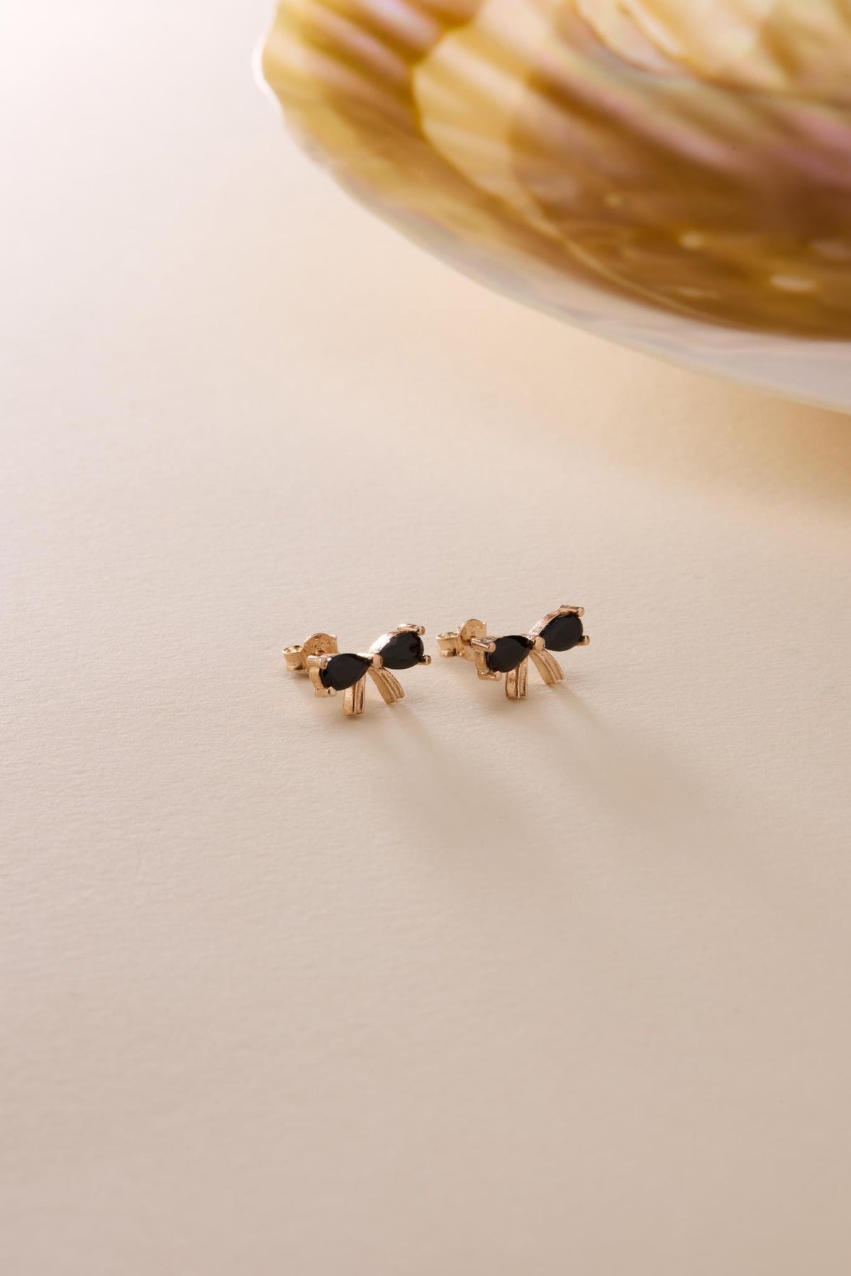 Bow Stud Earrings | 925 Sterling Silver Rose Gold Plated Black Zircon | Dainty Bow Jewelry