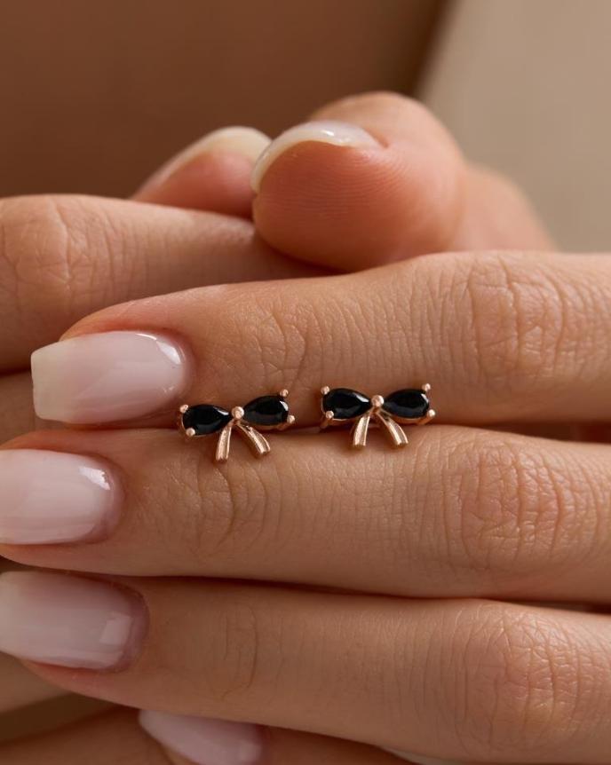 Bow Stud Earrings | 925 Sterling Silver Rose Gold Plated Black Zircon | Dainty Bow Jewelry