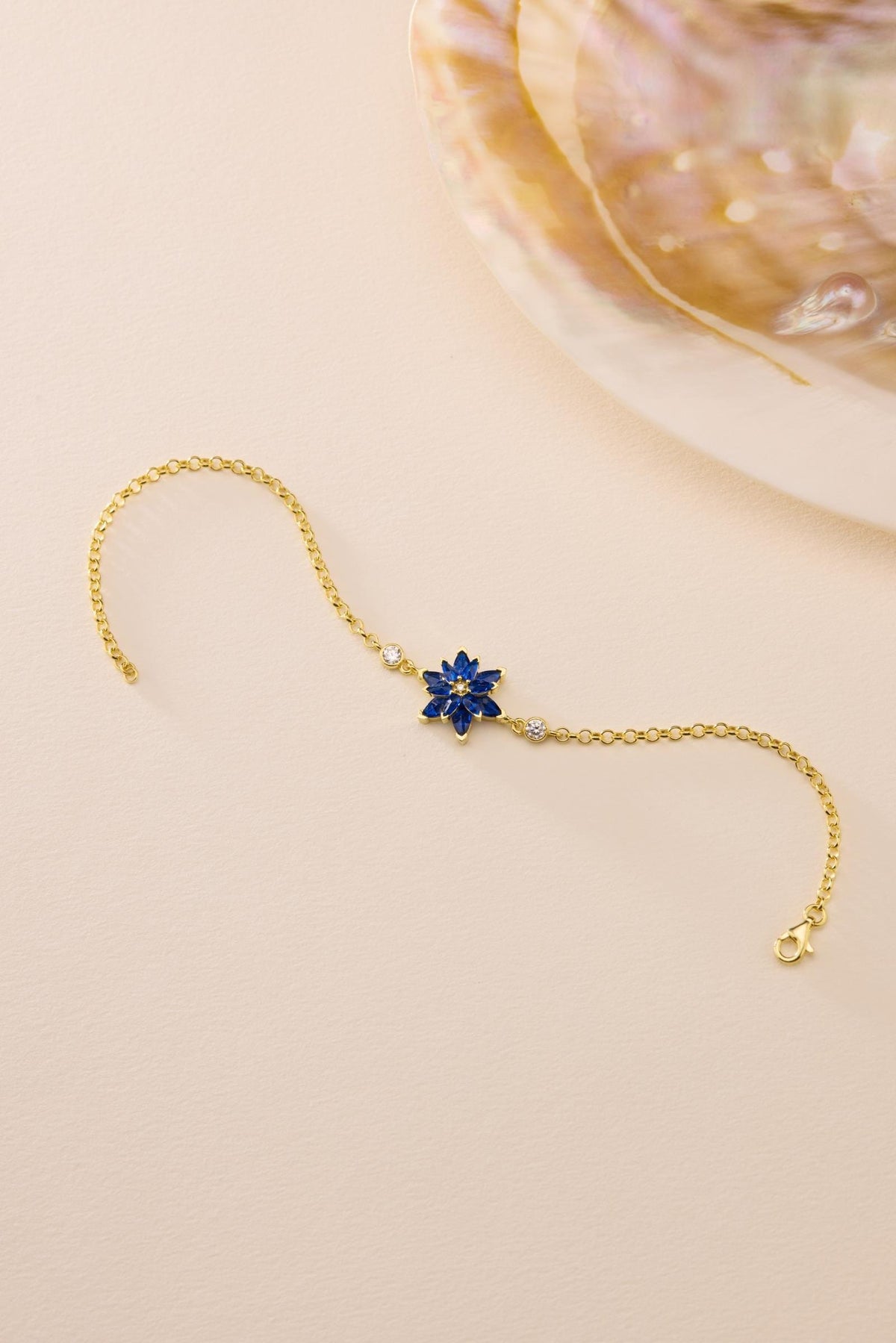 Lotus Flower Bracelet | 925 Sterling Silver 14K Gold Plated | Blue Zircon Floral | Gift