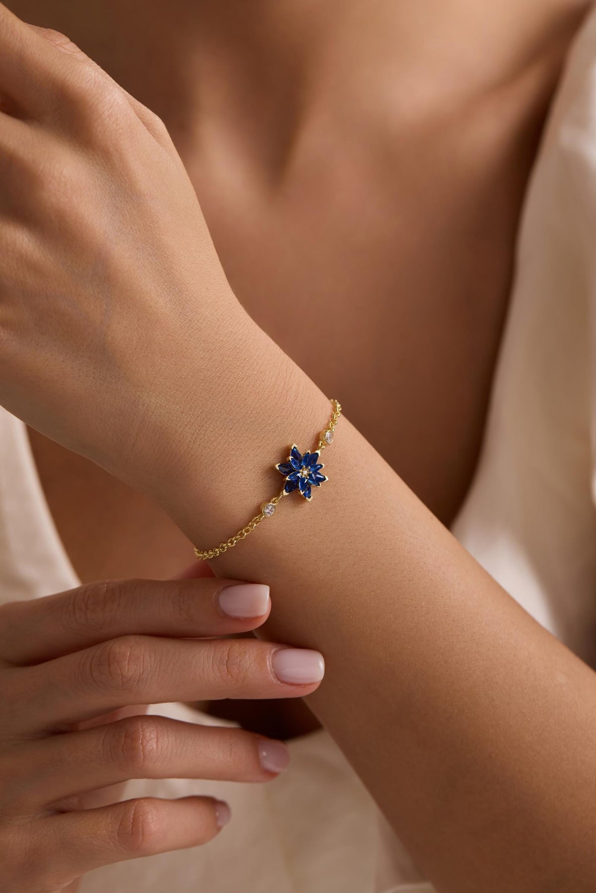 Lotus Flower Bracelet | 925 Sterling Silver 14K Gold Plated | Blue Zircon Floral | Gift